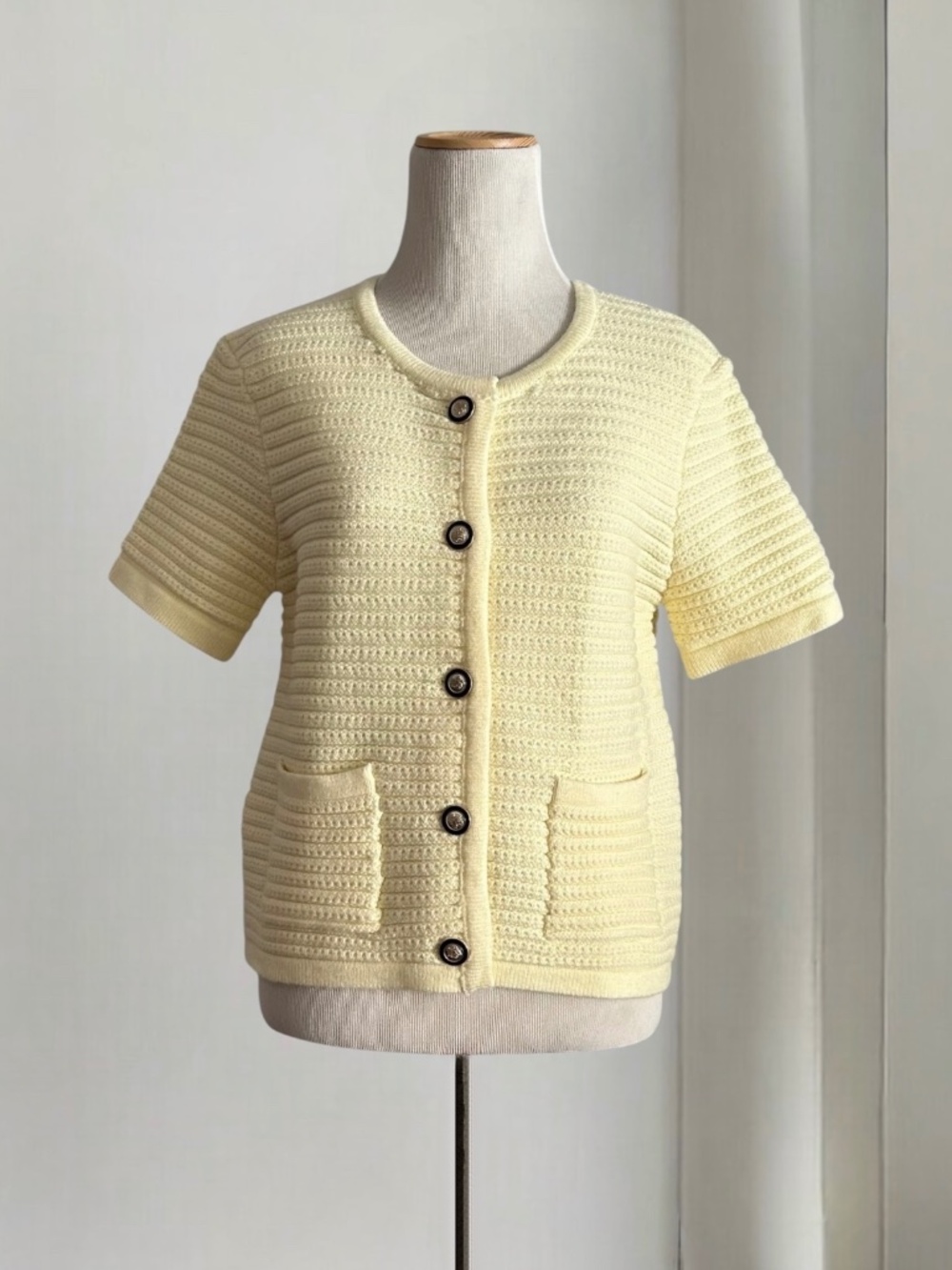 Joie Butter Yellow Short Sleeve Knit Cardigan with Gold Buttons